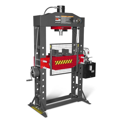 75 Ton H-Frame Electric Hydraulic Shop Press with Hand Winch, 110V Motor, Fully Welded Steel Frame, Safety Guard, HSP75E