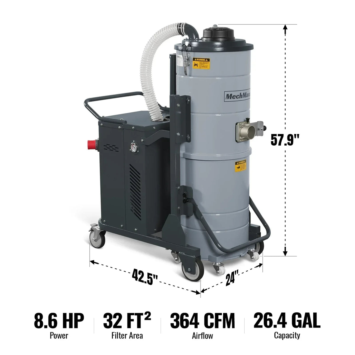Industrial Wet/Dry Vacuum Cleaner with HEPA Filter Continuous Duty 8.6 HP 364 CFM 26.4 Gallon - 230V 3Phase,  IVB230