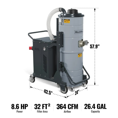 Industrial Wet/Dry Vacuum Cleaner with HEPA Filter Continuous Duty 8.6 HP 364 CFM 26.4 Gallon - 230V 3Phase,  IVB230