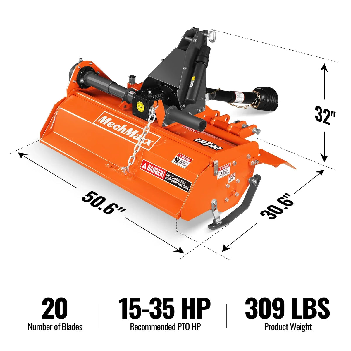 42 in Rotary Tiller, 3 Point Hitch Cat.1, Chain Drive, PTO Shaft Included with Shear Bolt, 15–35 HP, LRT42