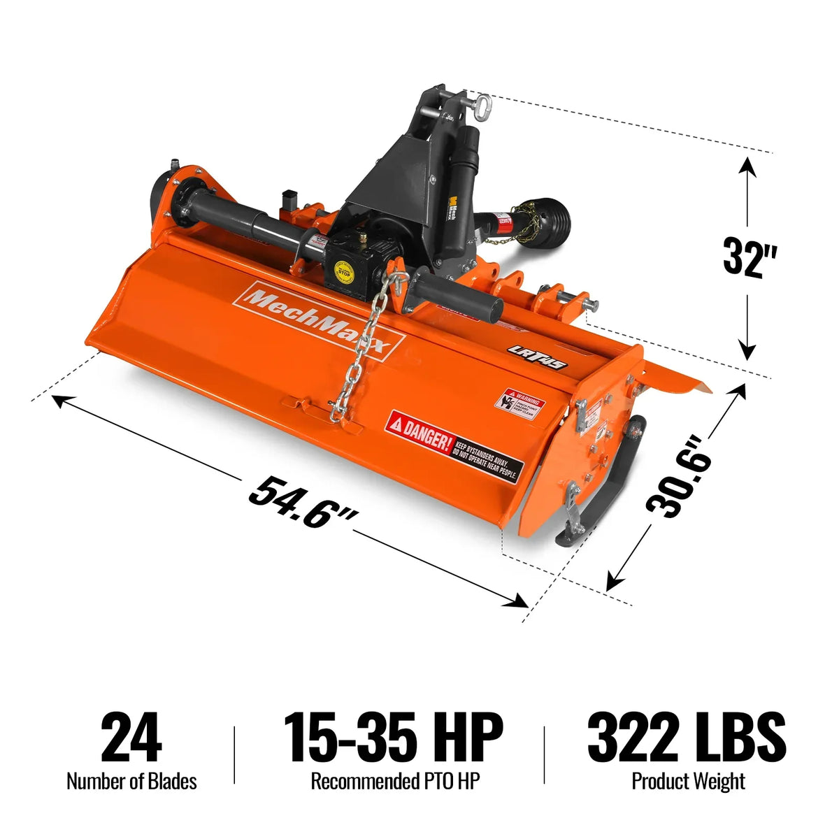 45 in Rotary Tiller,  3 Point Hitch Cat.1,  Chain Drive,  PTO Shaft Included with Shear Bolt,  15-35 HP,  LRT45