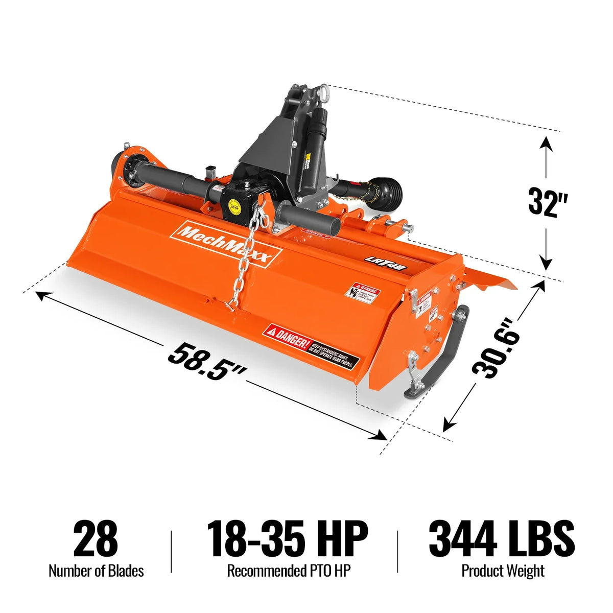 48 in Rotary Tiller,  3 Point Hitch Cat.1,  Chain Drive,  PTO Shaft Included with Shear Bolt,  18-35 HP,  LRT48