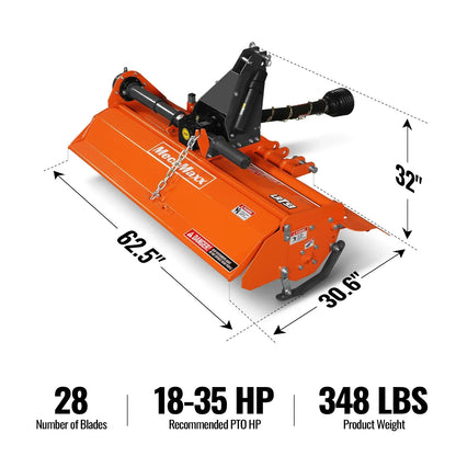 53 in Rotary Tiller,  3 Point Hitch Cat.1,  Chain Drive,  PTO Shaft Included with Shear Bolt,  18-35 HP,  LRT53