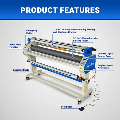 65" Wide Format Full-Auto Cold & Heat Assisted Pneumatic Laminator Machine with 4 Trimmers, Max Speed 40ft/min, 63" Max Width, 1.1" Max Thickness, Infrared Heating, Digital Control Pneumatic Roller Lifting (Requires Air Compressor, Not Included) 1700-B1