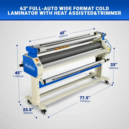 65" Wide Format Full-Auto Cold & Heat Assisted Pneumatic Laminator Machine with 4 Trimmers, Max Speed 40ft/min, 63" Max Width, 1.1" Max Thickness, Infrared Heating, Digital Control Pneumatic Roller Lifting (Requires Air Compressor, Not Included) 1700-B1