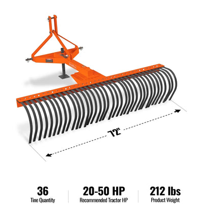 72" Landscape Rake with 36 Tines 3 Point Hitch Tractor Attachment,  LR72