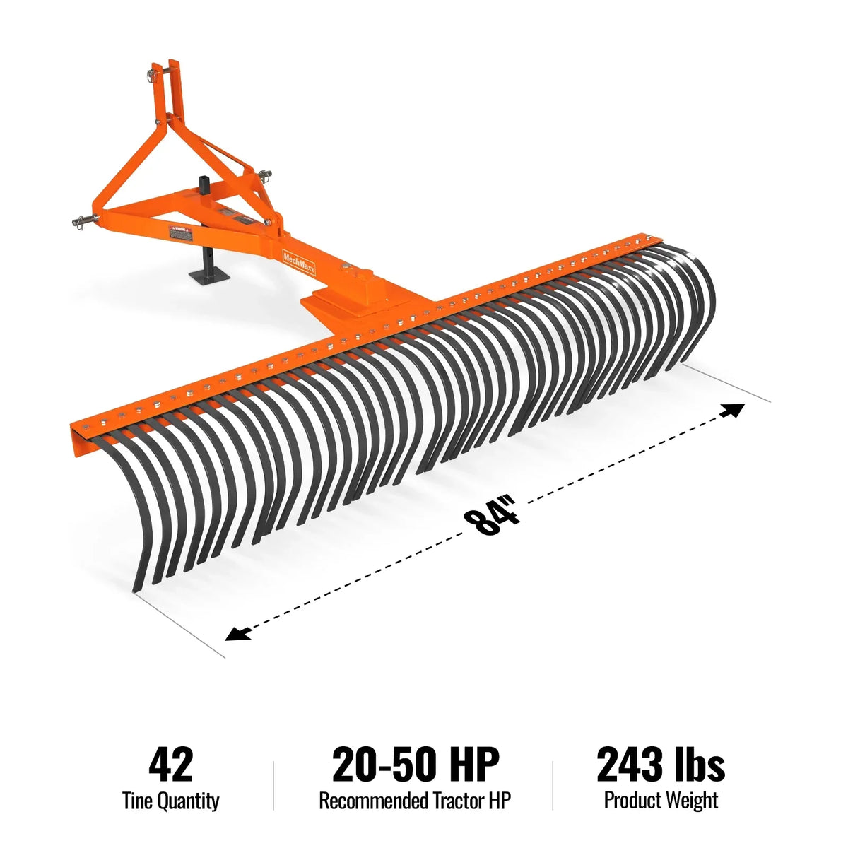 84" Landscape Rake with 42 Tines 3 Point Hitch Tractor Attachment,  LR84