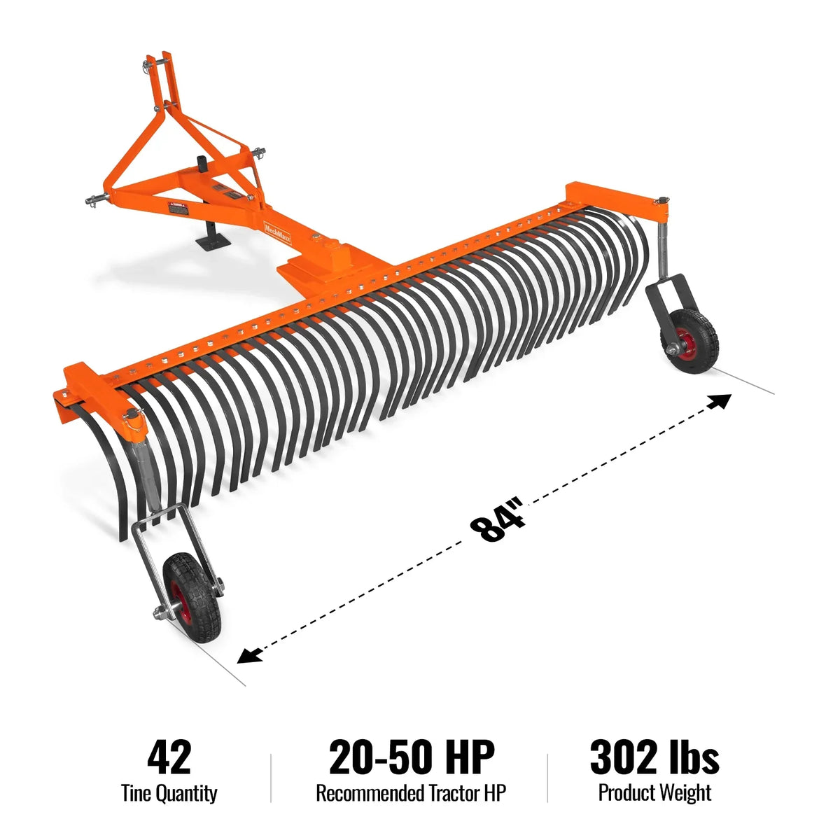 84" Landscape Rake with Bolt-On Wheels & 42 Tines 3 Point Hitch Tractor Attachment,  LR84W