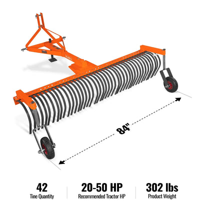 84" Landscape Rake with Bolt-On Wheels & 42 Tines 3 Point Hitch Tractor Attachment,  LR84W