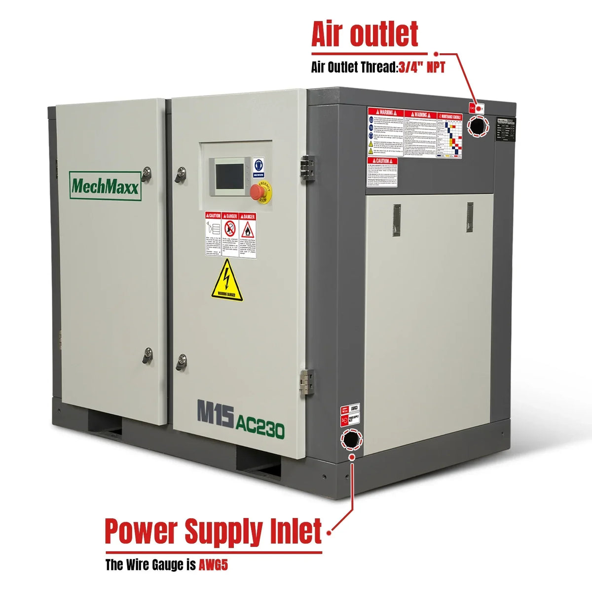 15HP Rotary Screw Air Compressor - 45 CFM,  116 PSI,  230V 3-Phase | Industrial-Grade