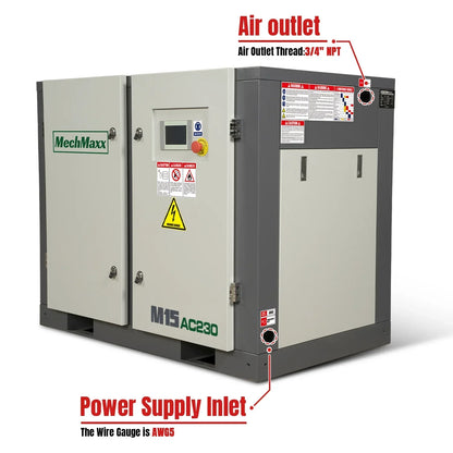 15HP Rotary Screw Air Compressor - 45 CFM,  116 PSI,  230V 3-Phase | Industrial-Grade