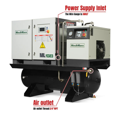 10HP Combined Rotary Screw Air Compressor with Dryer & 66-Gal ASME Tank | 32 CFM,  116 PSI,  230V 3-Phase - Industrial Grade