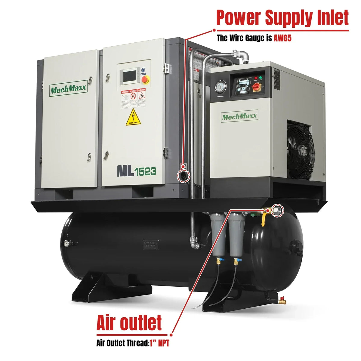 15HP Combined Rotary Screw Air Compressor with Dryer & 105-Gal ASME Tank | 45 CFM,  116 PSI,  230V 3-Phase - Industrial Grade