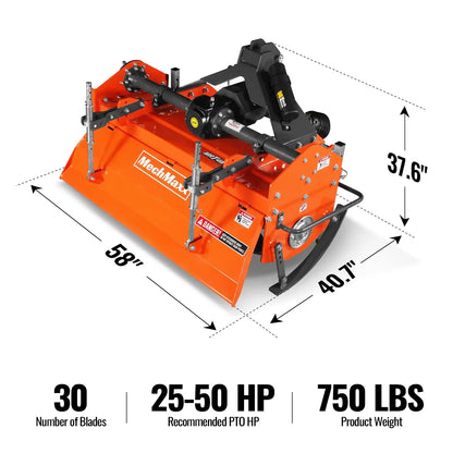 48 in Rotary Tiller,  3 Point Hitch Cat.1 & 2,  Gear Drive,  PTO Shaft Included with Slip Clutch,  25-50 HP,  MRT48