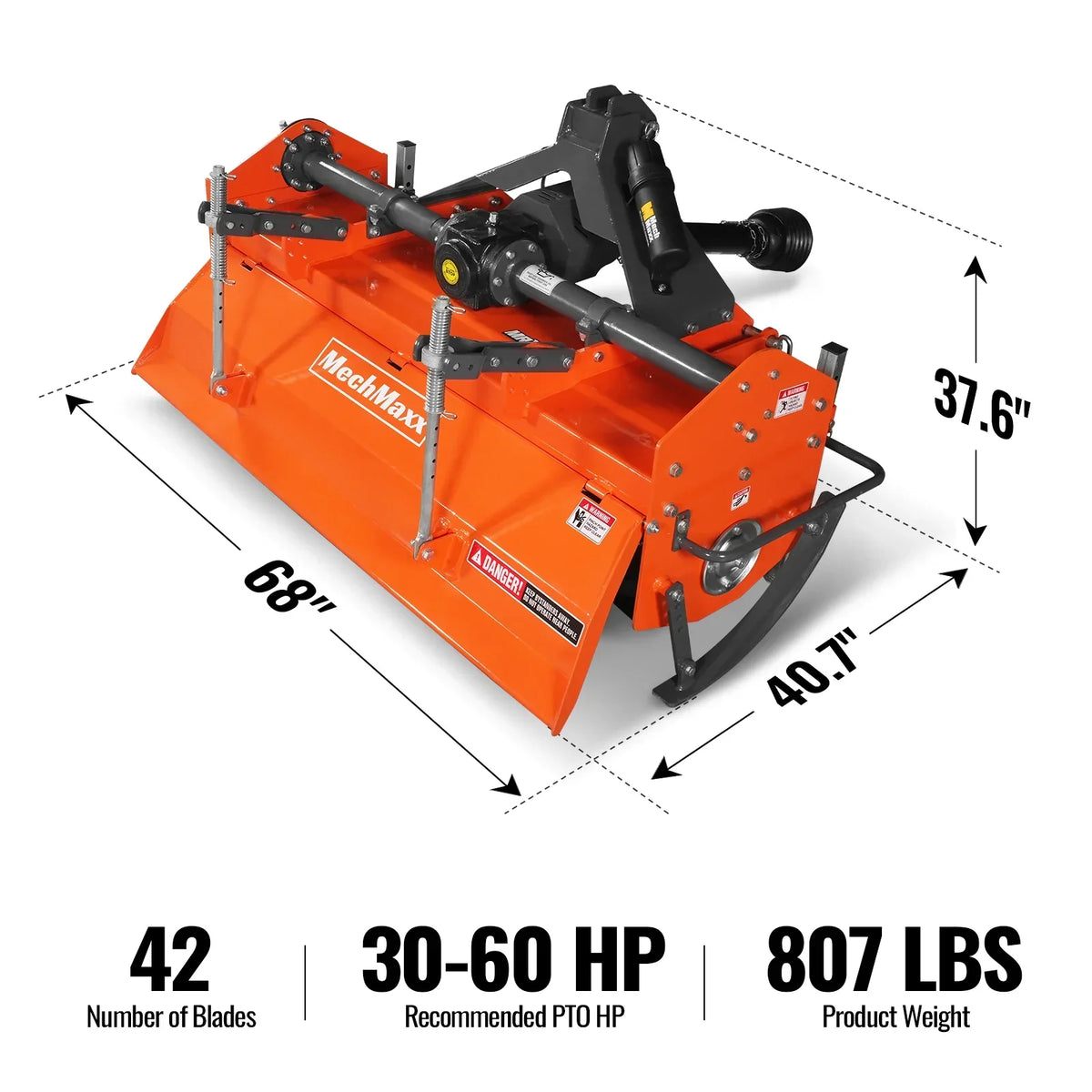 60 in Rotary Tiller,  3 Point Hitch Cat.1 & 2,  Gear Drive,  PTO Shaft Included with Slip Clutch,  30-60 HP,  MRT60