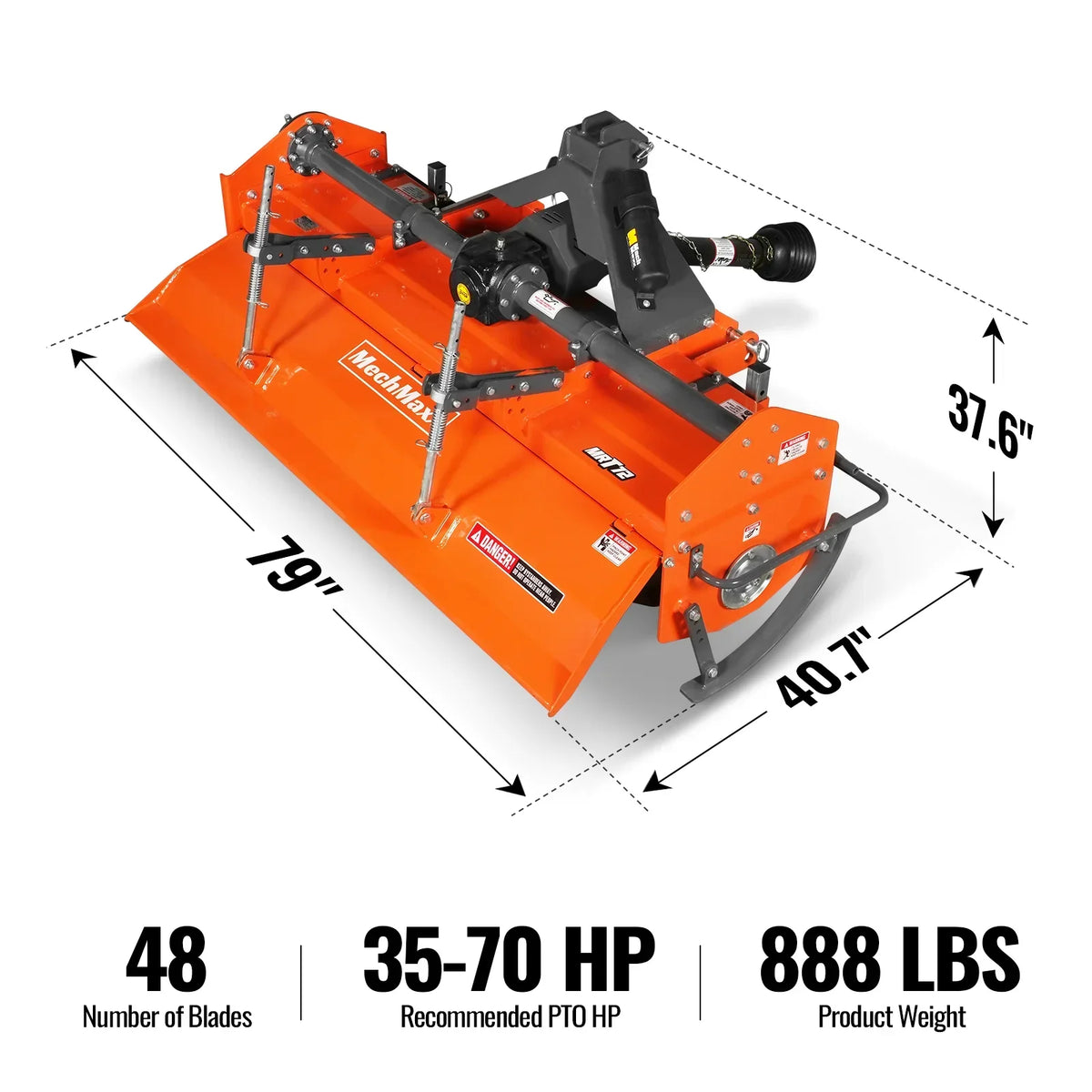 72 in Rotary Tiller,  3 Point Hitch Cat.1 & 2,  Gear Drive,  PTO Shaft Included with Slip Clutch,  35-70 HP,  MRT72