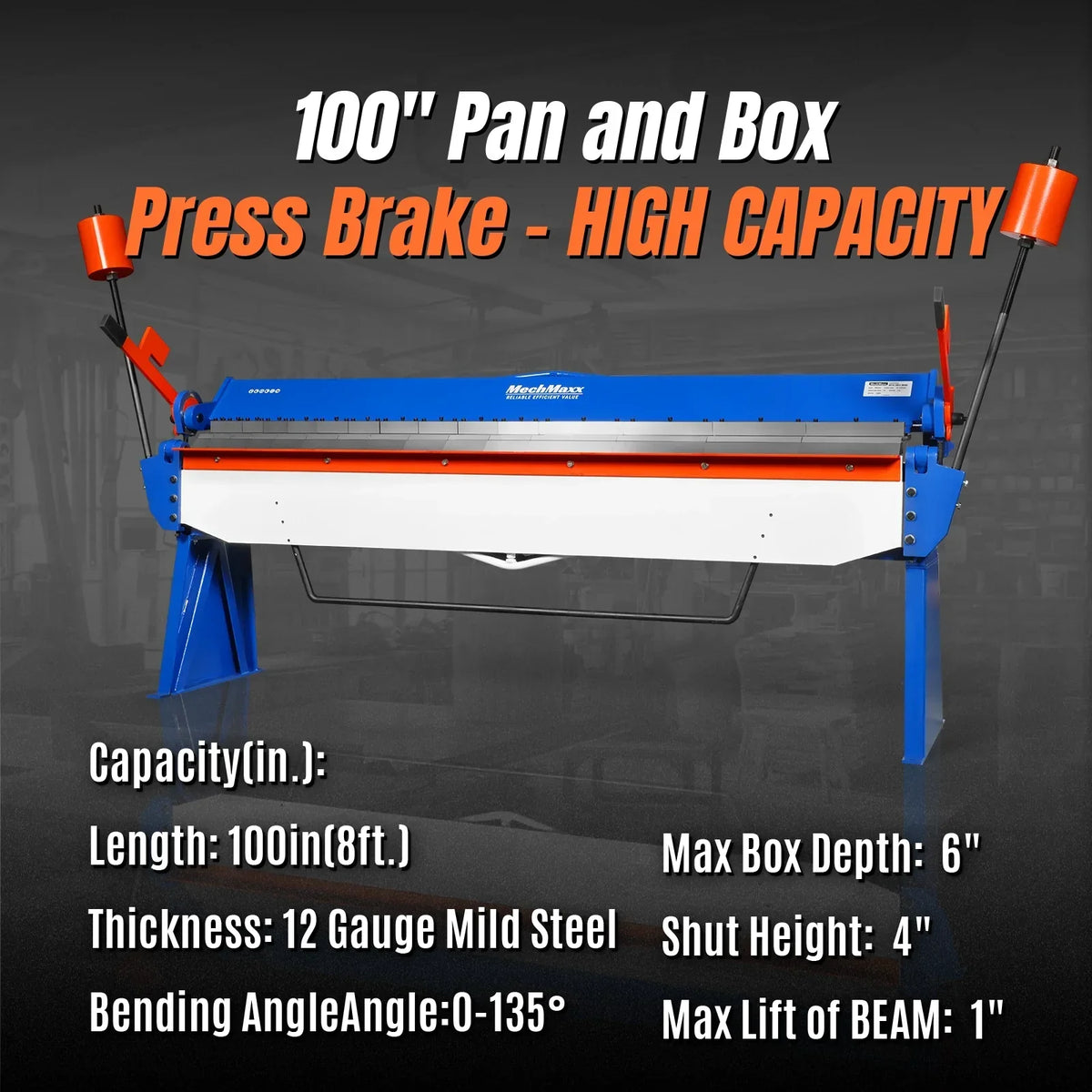 100-inch Manual Sheet Metal Brake - 12 Gauge Bending Capacity, Adjustable Fingers, 8 Ft. Heavy-Duty Steel Construction, Precision Bending for Box and Pan PB10012
