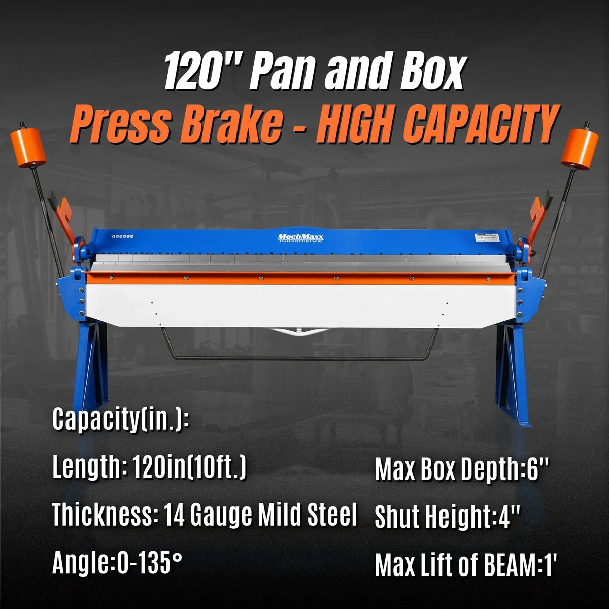 120-inch Manual Sheet Metal Brake - 14 Gauge Bending Capacity, Adjustable Fingers, Heavy-Duty Steel Construction, Precision Bending for Box and Pan PB12014