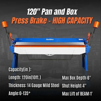120-inch Manual Sheet Metal Brake - 14 Gauge Bending Capacity, Adjustable Fingers, Heavy-Duty Steel Construction, Precision Bending for Box and Pan PB12014
