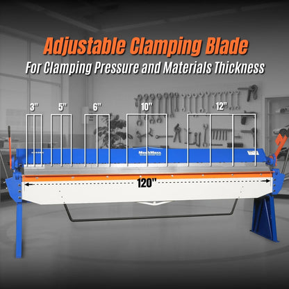 120-inch Manual Sheet Metal Brake - 14 Gauge Bending Capacity, Adjustable Fingers, Heavy-Duty Steel Construction, Precision Bending for Box and Pan PB12014