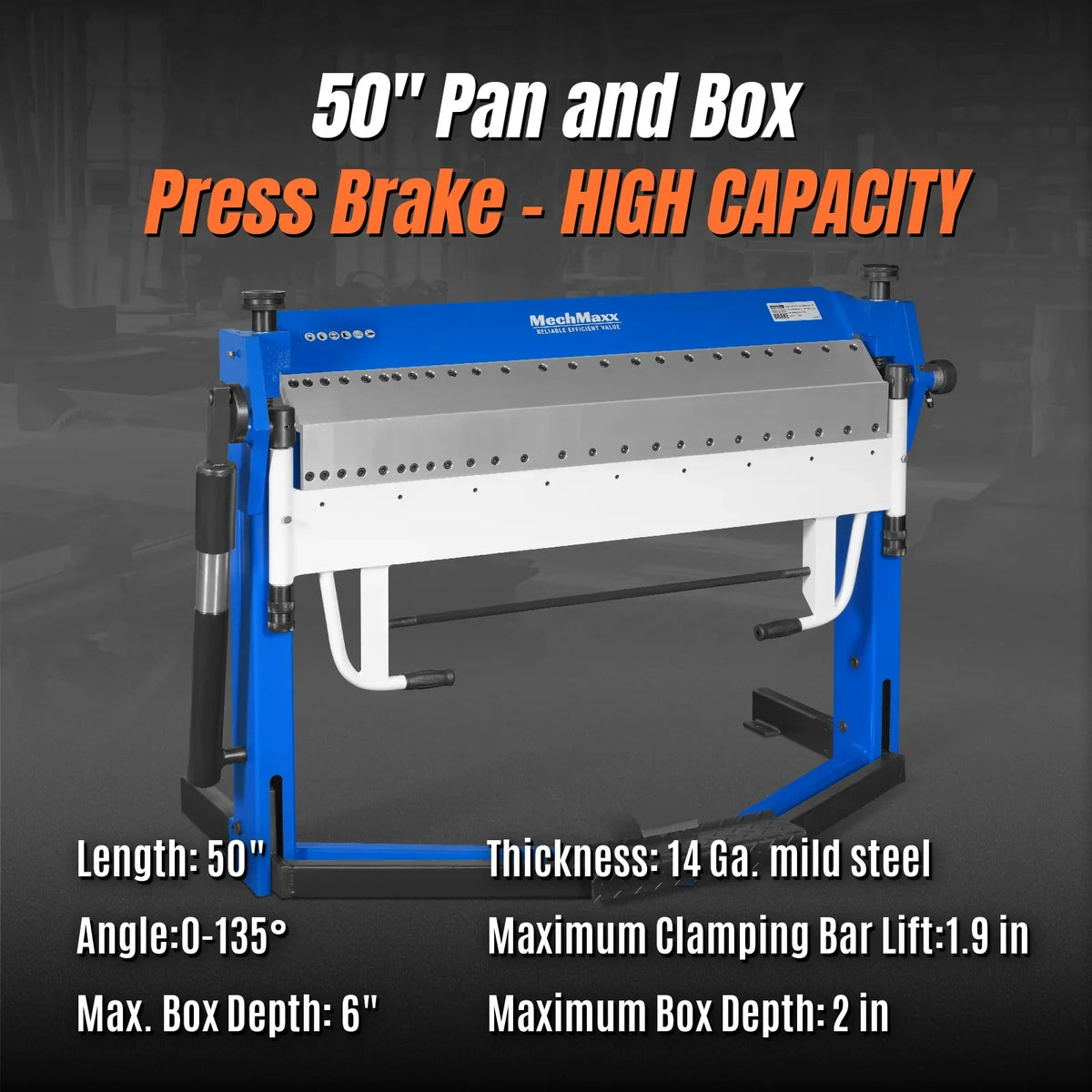 50-Inch Foot Clamp Pan and Box Brake, Industrial Heavy Duty Sheet Metal Folding Machine, 0–135° Bending Angle, 1.9" Clamping Lift, 2" Box Depth PB2A5014