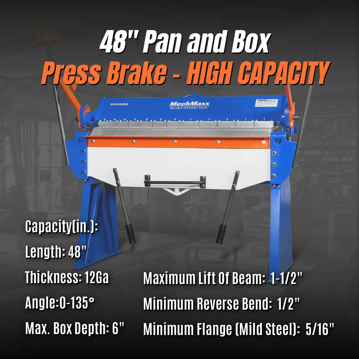 48” Manual Pan and Box Brake - Heavy Duty, Durable Construction, 12 Gauge Mild Steel, 135° Bending Angle, Individual Bending Fingers" PB4812