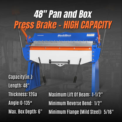 48” Manual Pan and Box Brake - Heavy Duty, Durable Construction, 12 Gauge Mild Steel, 135° Bending Angle, Individual Bending Fingers" PB4812