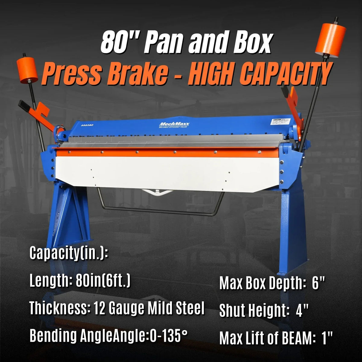 80-inch Manual Sheet Metal Brake - 12 Gauge Bending Capacity, Adjustable Fingers, 6 Ft. Heavy-Duty Steel Construction for Precision Bending PB8012