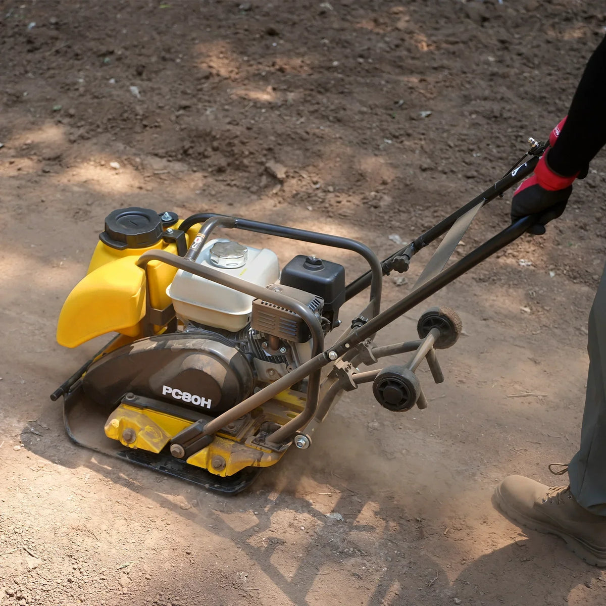 Honda GX160 Vibratory Plate Compactor with Wheel Kit, 3150 lb Centrifugal Force for Soil, Gravel, Asphalt and Paver Base, PC80H