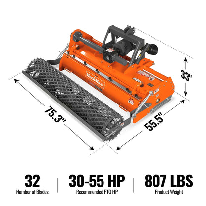 65 in Stone Burier Reverse Rotary Tiller,  3 Point Hitch Cat.1,  Chain Drive,  PTO Shaft Included with Slip Clutch,  30-55 HP,  RSB65