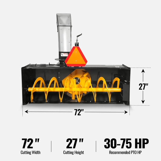 72" 3 Point PTO Snow Blower 24" Impeller Diameter 360° Snow Chute (PTO Shaft Included with Slip Clutch),  30-75 HP,  TSB72