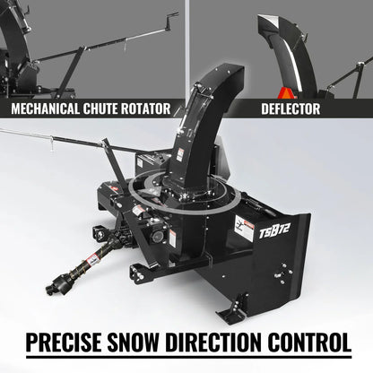 72" 3 Point PTO Snow Blower 24" Impeller Diameter 360° Snow Chute (PTO Shaft Included with Slip Clutch),  30-75 HP,  TSB72