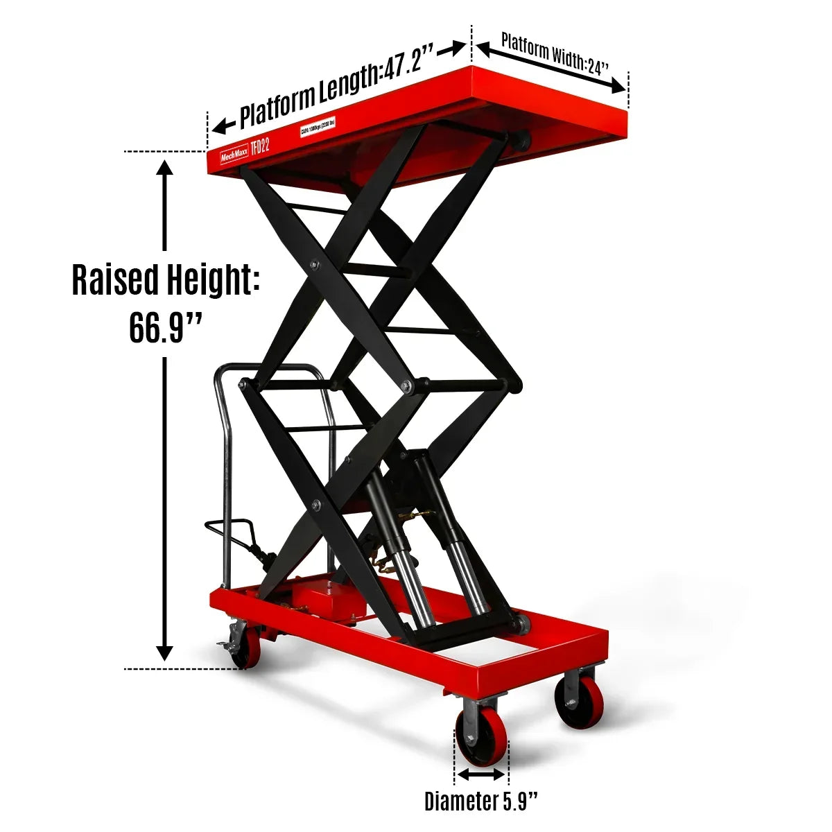 Mobile Double Scissor Lift Table Cart 2200lbs Capacity,  Platform Size,  47.2" x 24",  Height 66.9" ,  TFD22