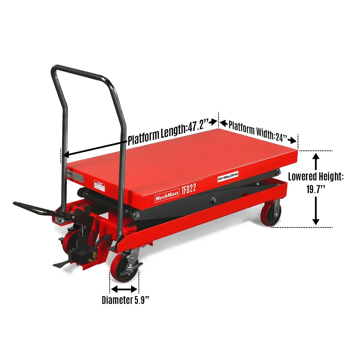 Mobile Double Scissor Lift Table Cart 2200lbs Capacity,  Platform Size,  47.2" x 24",  Height 66.9" ,  TFD22