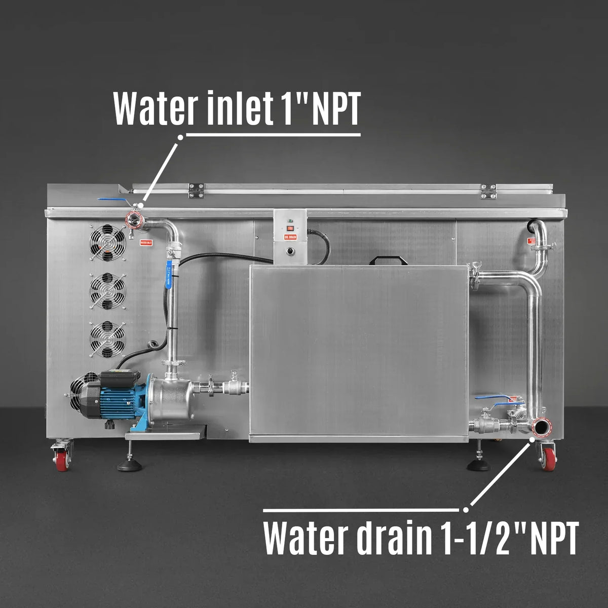 114 Gal / 432L Heavy Duty Industrial Ultrasonic Parts Washer, 28kHz 60 Transducers, Oil Skimmer, SS304 Tank, 10kW Heater, 208–240V 3 Phase Power