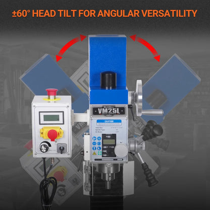 7‘’ x 27-1/2‘’ Benchtop Mini Mill Drill Machine, Variable Speed, Brshless Motor, R8 Spindle, 1.5 HP, 110V, Compact Milling Drilling Tool for Garage Shop, DIY Metalworking without Stand VM25L