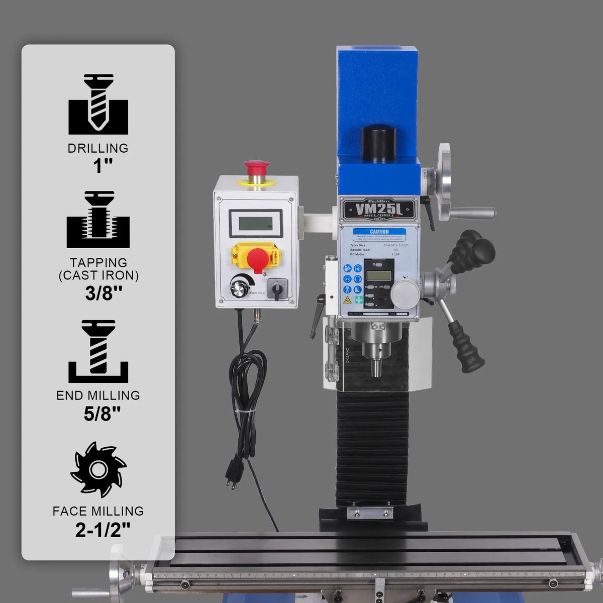 7‘’ x 27-1/2‘’ Benchtop Mini Mill Drill Machine, Variable Speed, Brshless Motor, R8 Spindle, 1.5 HP, 110V, Compact Milling Drilling Tool for Garage Shop, DIY Metalworking without Stand VM25L