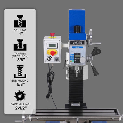 7‘’ x 27-1/2‘’ Benchtop Mini Mill Drill Machine, Variable Speed, Brshless Motor, R8 Spindle, 1.5 HP, 110V, Compact Milling Drilling Tool for Garage Shop, DIY Metalworking without Stand VM25L
