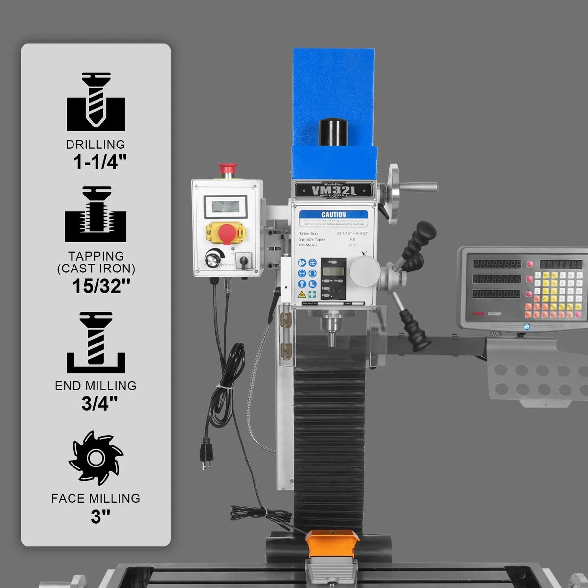 8-1/4"x33'' Industrial Benchtop Mill Drill Machine with DRO, Variable Speed, Brushless Motor, R8 Spindle, 2 HP, 110V, Compact Milling Drilling Tool for Garage Shop, DIY Metalworking without Stand VM32LD