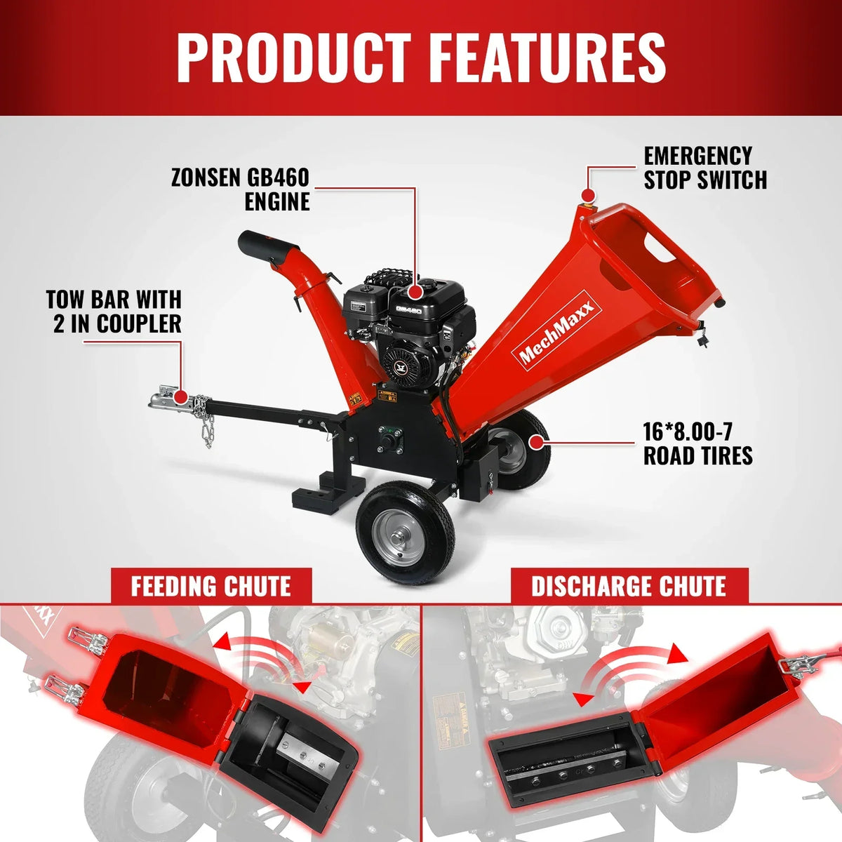 5 inch E-start ZONSEN 459cc Gasoline Engine Powered Wood Chipper ,  GS1500