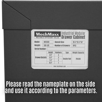 Heavy Duty Modular Drawer Cabinet - 9 Drawer,  59" H x 28.5" W x 28.5" D Tool Storage Organizer,  Steel Construction