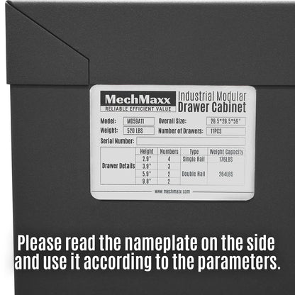 Heavy Duty Modular Drawer Cabinet - 11 Drawer,  59" H x 28.5" W x 28.5" D Tool Storage Organizer,  Steel Construction