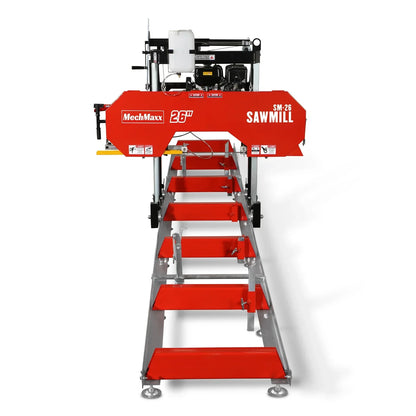 26" Portable Sawmill (5x Blades Included),  459cc 15HP E-Start Gasoline Engine,  20" Board Width,  20' Track Length (13' Track Length + 6.4' Track Extension Included) ,  SM-26