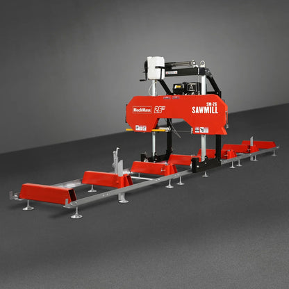 26" Portable Sawmill (5x Blades Included),  459cc 15HP E-Start Gasoline Engine,  20" Board Width,  20' Track Length (13' Track Length + 6.4' Track Extension Included) ,  SM-26