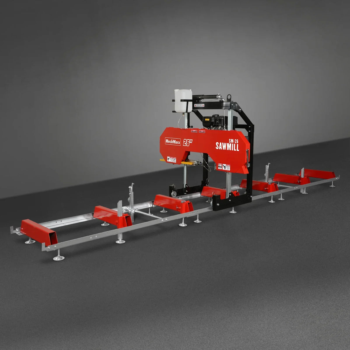 26" Portable Sawmill (5x Blades Included),  459cc 15HP E-Start Gasoline Engine,  20" Board Width,  20' Track Length (13' Track Length + 6.4' Track Extension Included) ,  SM-26