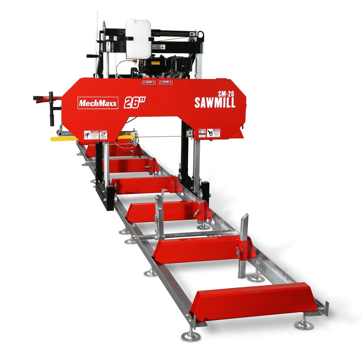 26" Portable Sawmill (5x Blades Included),  459cc 15HP E-Start Gasoline Engine,  20" Board Width,  20' Track Length (13' Track Length + 6.4' Track Extension Included) ,  SM-26