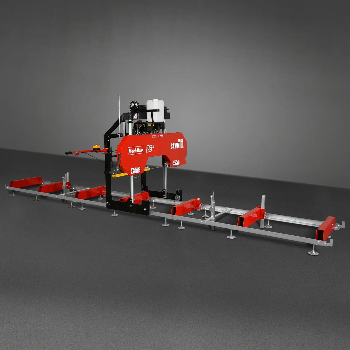 26" Portable Sawmill (5x Blades Included),  459cc 15HP E-Start Gasoline Engine,  20" Board Width,  20' Track Length (13' Track Length + 6.4' Track Extension Included) ,  SM-26