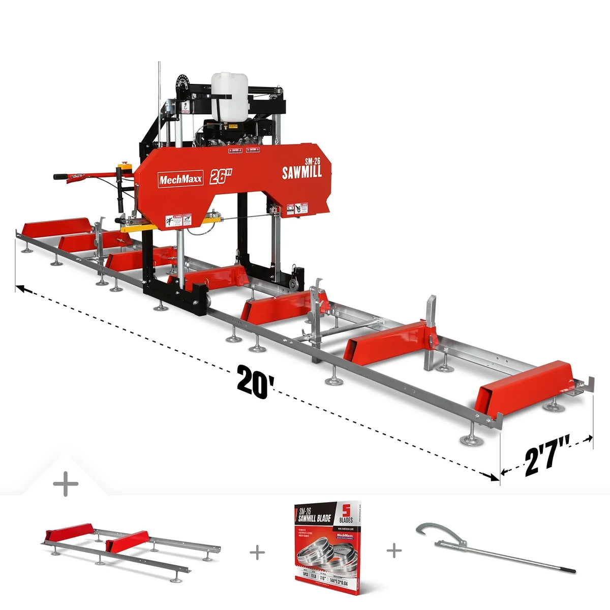 26" Portable Sawmill (5x Blades Included),  KOHLER CH440 429cc E-Start Gasoline Engine,  20" Board Width,  20' Track Length (13' Track Length + 6.4' Track Extension Included) ,  SM-26