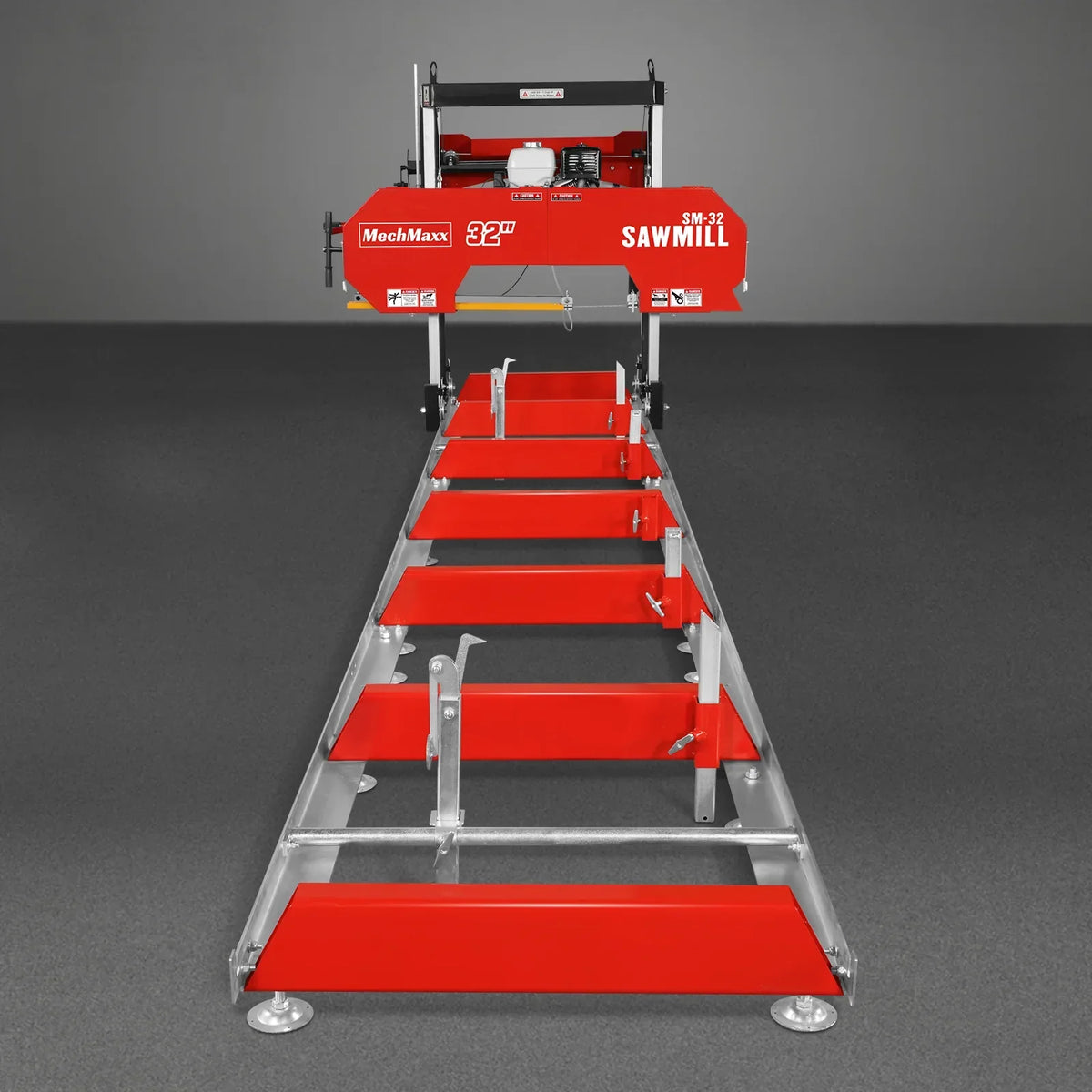 32" Portable Sawmill (5 x Blades Included),  HONDA GX390 389cc E-Start Gasoline Engine,  26.5" Board Width,  20' Track Length (13' Track Length + 6.4' Track Extension Included) ,  SM-32