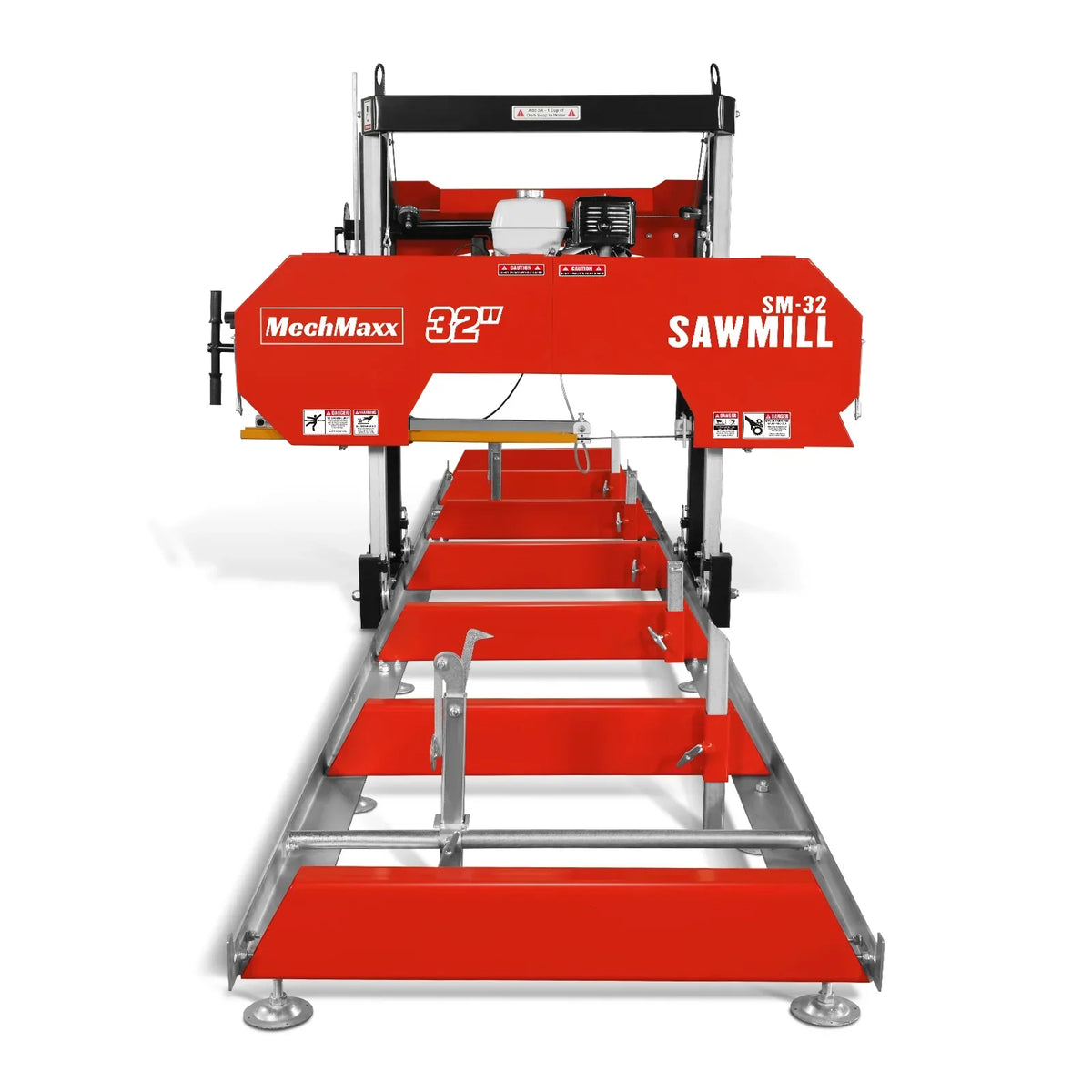 32" Portable Sawmill (5 x Blades Included),  HONDA GX390 389cc E-Start Gasoline Engine,  26.5" Board Width,  20' Track Length (13' Track Length + 6.4' Track Extension Included) ,  SM-32